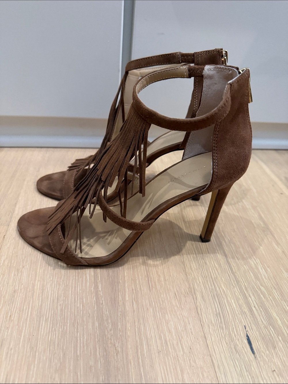 Ann Taylor Brown Suede Fringe Ankle-Strap Stilettos